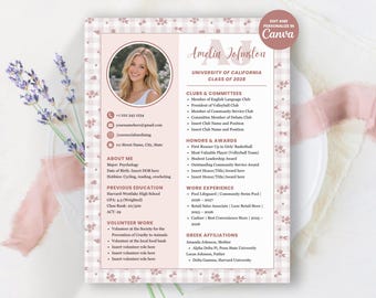 Sorority Resume Template Canva | Editable Pink Social Resume with Photo + Cover Letter | Greek Recruitment/Rush Packet Digital Download