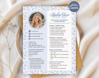 Sorority Resume Template Canva | Editable Blue Social Resume with Photo + Cover Letter | Greek Recruitment/Rush Packet Digital Download