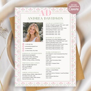 May include: A resume template with a photo of a woman, featuring a pink floral border and the text "Andrea Davidson." The document includes sections for clubs, honors, work experience, and volunteer work. The top right corner has the text "Edit and Personalize in Canva."