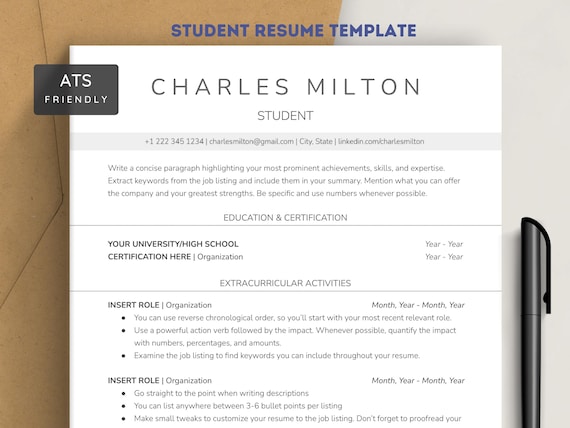 ATS Student Resume Template No Experience | Internship, Graduate, High School & College Student Resume (Google Docs and Word) + Cover Letter
