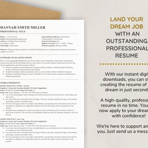 May include: A black and white resume template with the text "Land Your Dream Job With An Outstanding, Professional Resume". The template includes a sample resume with a section for work experience and a section for qualifications.