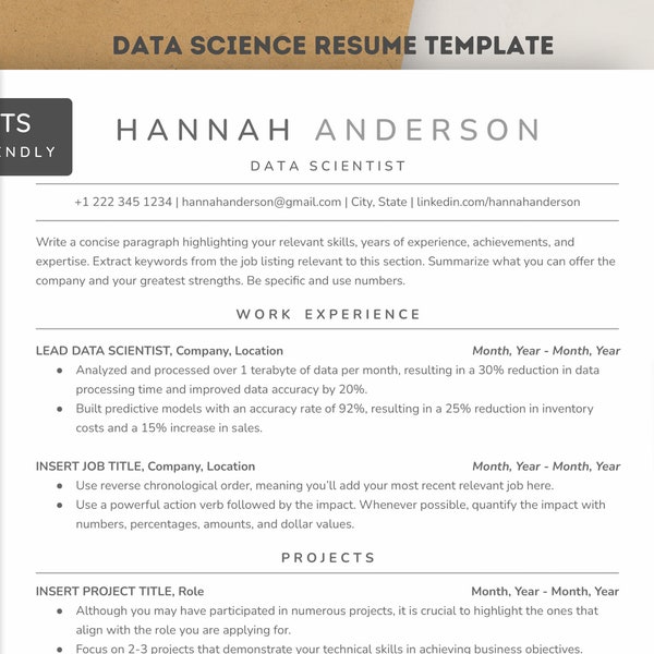 Data Science Resume Template, ATS-Friendly for Google Docs & Word 2023 | Data Scientist, Data Analyst Resume Template/CV with Cover Letter