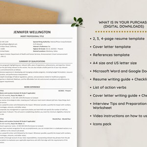 May include: A digital download resume template package for job seekers. The package includes a 2, 3, or 4-page resume template, cover letter template, references template, resume writing guide, cover letter writing guide, interview tips and preparation worksheet, video instructions on how to use, and icons pack. The templates are available in A4 and US letter size and are compatible with Microsoft Word and Google Docs.