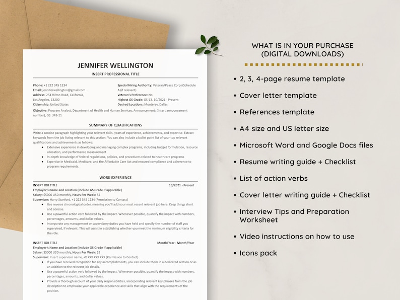 May include: A digital download resume template package for job seekers. The package includes a 2, 3, or 4-page resume template, cover letter template, references template, resume writing guide, cover letter writing guide, interview tips and preparation worksheet, video instructions on how to use, and icons pack. The templates are available in A4 and US letter size and are compatible with Microsoft Word and Google Docs.
