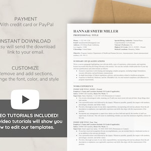 May include: A black and white resume template with a play button icon. The template includes sections for payment, instant download, customize, and video tutorials. The text "Hannah Smith Miller" is at the top of the page.