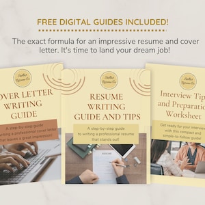 May include: Three digital guides for writing a cover letter, resume, and interview tips. The guides are yellow with brown circular designs and feature images of people writing and interviewing.