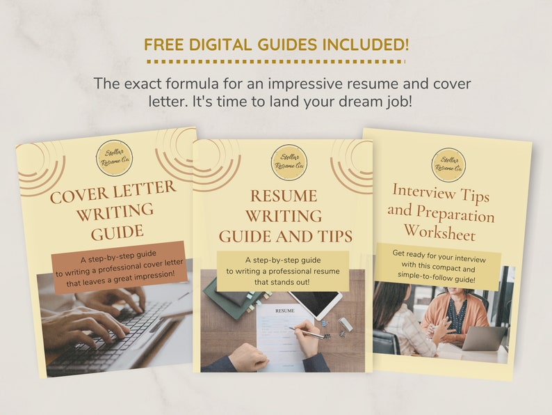 May include: Three digital guides for writing a cover letter, resume, and interview tips. The guides are yellow with brown circular designs and feature images of people writing and interviewing.