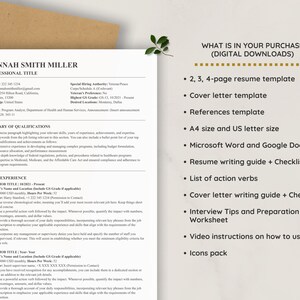 May include: A digital download resume template package for job seekers. The package includes a 2, 3, or 4-page resume template, cover letter template, references template, resume writing guide, cover letter writing guide, interview tips and preparation worksheet, video instructions on how to use, and an icons pack. The templates are available in A4 and US letter sizes and are compatible with Microsoft Word and Google Docs.