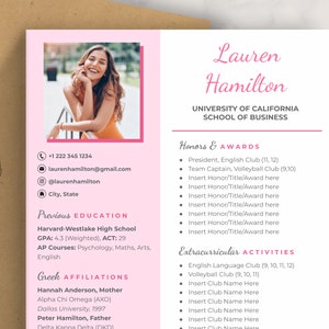 Pink Sorority Resume Template with Photo Google Docs 2025, Digital Download Sorority Rush Resume, Sorority Recruitment Packet/Social Resume