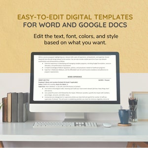 May include: A computer screen displaying a resume template with the text "EASY-TO-EDIT DIGITAL TEMPLATES FOR WORD AND GOOGLE DOCS" and "Edit the text, font, colors, and style based on what you want."