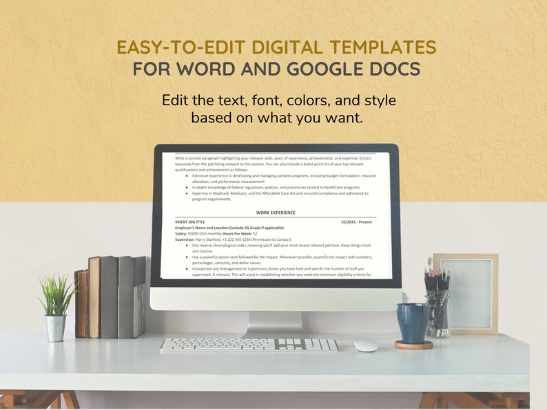 May include: A computer screen displaying a resume template with the text "EASY-TO-EDIT DIGITAL TEMPLATES FOR WORD AND GOOGLE DOCS" and "Edit the text, font, colors, and style based on what you want."