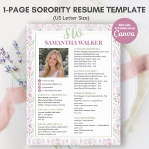 CV-mall för sorority i Canva | Redigerbart rosa CV för sociala medier med foto + personligt brev | Digital nedladdning av grekisk rekrytering/rushpaket bild 3