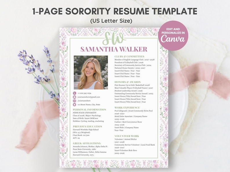 CV-mall för sorority i Canva | Redigerbart rosa CV för sociala medier med foto + personligt brev | Digital nedladdning av grekisk rekrytering/rushpaket bild 3
