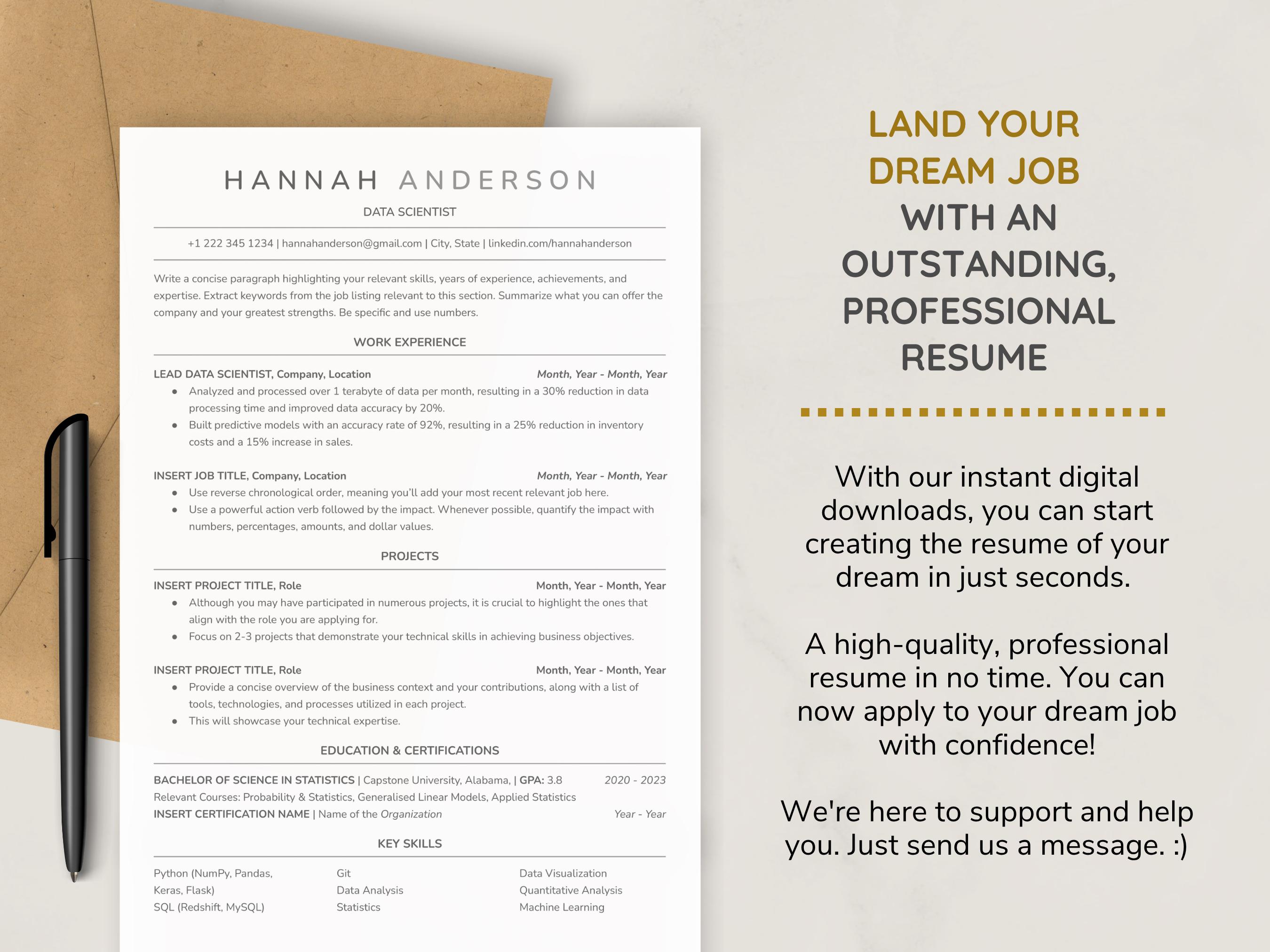 Data Science Resume Template, Ats-friendly for Google Docs & Word 2025
