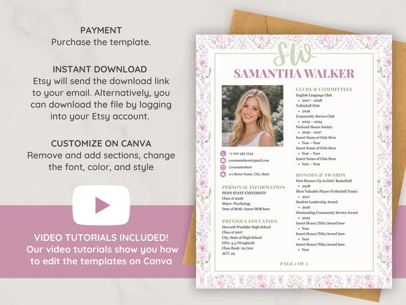 CV-mall för sorority i Canva | Redigerbart rosa CV för sociala medier med foto + personligt brev | Digital nedladdning av grekisk rekrytering/rushpaket bild 6