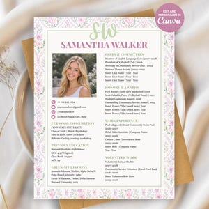May include: A resume template with a photo of a woman, featuring a floral border in pink and green. The resume includes sections for clubs, honors, work experience, and volunteer work. The text "EDIT AND PERSONALIZE IN Canva" is in the upper right corner.