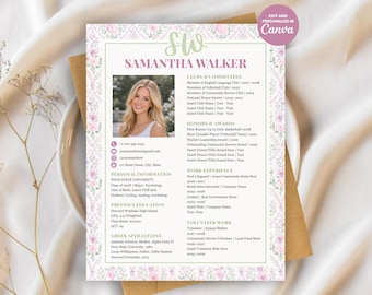Sorority Resume Template Canva | Editable Pink Social Resume with Photo + Cover Letter | Greek Recruitment/Rush Packet Digital Download