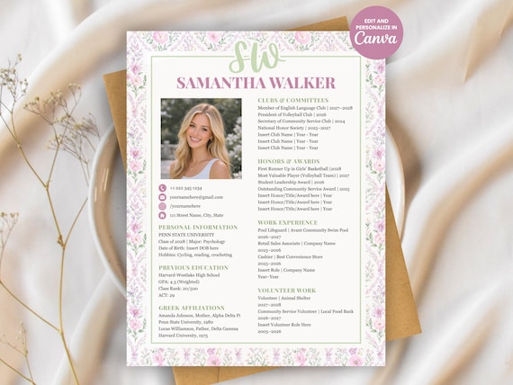 Sorority Resume Template Canva | Editable Pink Social Resume with Photo + Cover Letter | Greek Recruitment/Rush Packet Digital Download