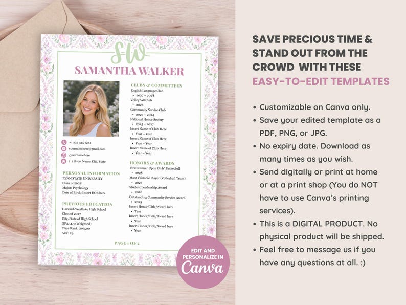 CV-mall för sorority i Canva | Redigerbart rosa CV för sociala medier med foto + personligt brev | Digital nedladdning av grekisk rekrytering/rushpaket bild 9