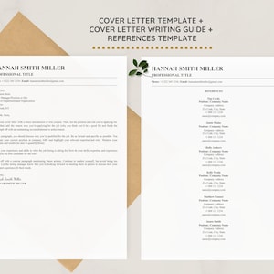 May include: A black and white cover letter template with a sample cover letter and a reference template. The cover letter template includes a section for the applicant's name, title, phone number, and email address. The reference template includes a section for the reference's name, position, company, address, phone number, and email address.