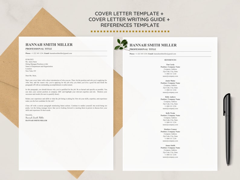 May include: A black and white cover letter template with a sample cover letter and a reference template. The cover letter template includes a section for the applicant's name, title, phone number, and email address. The reference template includes a section for the reference's name, position, company, address, phone number, and email address.