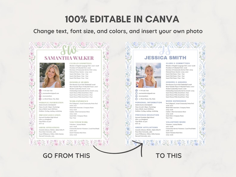 CV-mall för sorority i Canva | Redigerbart rosa CV för sociala medier med foto + personligt brev | Digital nedladdning av grekisk rekrytering/rushpaket bild 7