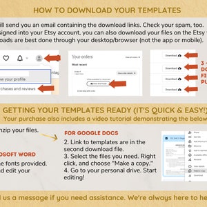 May include: A graphic with instructions on how to download digital templates purchased on Etsy. The graphic includes screenshots of the Etsy website and Google Docs. The text reads "How to Download Your Templates", "Getting Your Templates Ready (It's Quick & Easy!)", "For Google Docs", "For Microsoft Word", "3-5 Download Files Per Purchase", and "Send us a message if you need assistance. We're always here to help! :)"