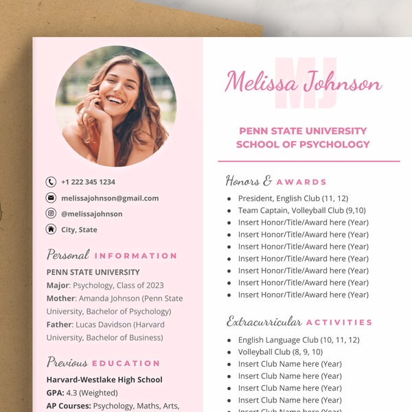 Sorority Resume Template with Photo for Google Docs 2023 | Digital Download Rush Resume | Pink Sorority Recruitment Packet, Social Resume