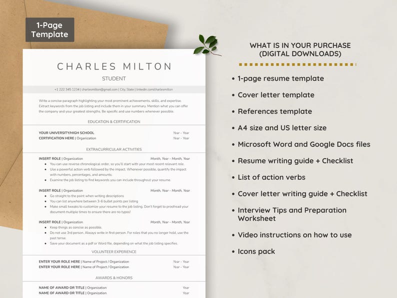 ATS Student Resume Template No Experience | Internship, Graduate, High School & College Student Resume (Google Docs and Word) + Cover Letter image 2