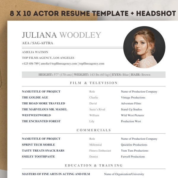 Actor Resume Template + Headshot & Cover Letter, 8x10 for Microsoft Word | Theater, Actress, Child Actor, Acting Resume Digital Download