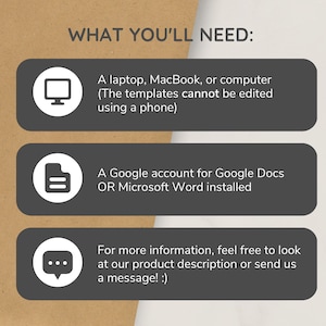 May include: A gray graphic with white text that reads "WHAT YOU'LL NEED:" and lists three requirements: a laptop, MacBook, or computer; a Google account for Google Docs or Microsoft Word installed; and for more information, feel free to look at our product description or send us a message.