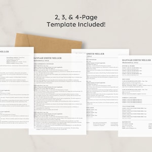 May include: Four pages of a resume template with the name Hannah Smith Miller at the top of each page. The template includes sections for professional title, work experience, education, awards, foreign language proficiency, volunteer work, and references.