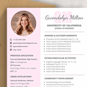 Sorority Resume Template with Photo, Google Docs | Digital Download Sorority Rush Resume, Sorority Recruitment Packet, Pink Social Resume