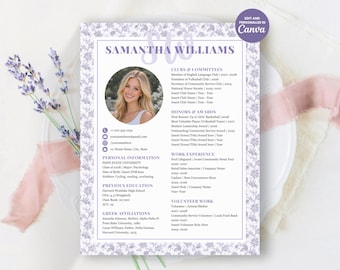 CV-mall för sorority i Canva | Redigerbart lila CV för sociala medier med foto + personligt brev | Digital nedladdning av grekisk rekrytering/rushpaket