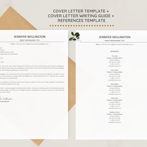 May include: A black and white cover letter template with the text "JENNIFER WELLINGTON" at the top. The template includes a cover letter writing guide and a references template.