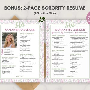 CV-mall för sorority i Canva | Redigerbart rosa CV för sociala medier med foto + personligt brev | Digital nedladdning av grekisk rekrytering/rushpaket bild 5