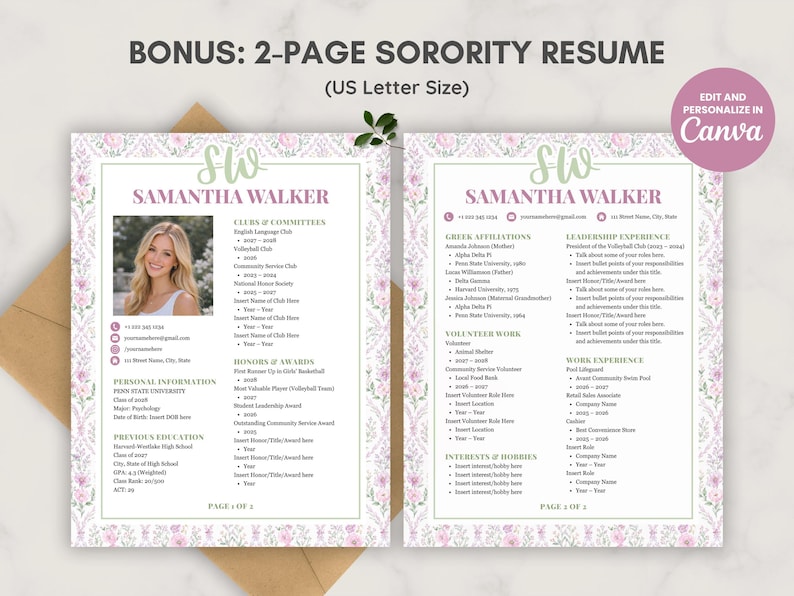 CV-mall för sorority i Canva | Redigerbart rosa CV för sociala medier med foto + personligt brev | Digital nedladdning av grekisk rekrytering/rushpaket bild 5