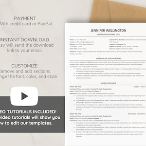 May include: A black and white resume template with a gray play button and the text "VIDEO TUTORIALS INCLUDED! Our video tutorials will show you how to edit our templates."  The resume template is for a job applicant named Jennifer Wellington. The template includes sections for "Summary of Qualifications" and "Work Experience".
