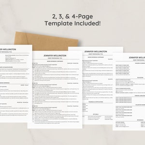 May include: A four-page resume template with the name Jennifer Wellington at the top of each page. The template includes sections for work experience, education, skills, and more.
