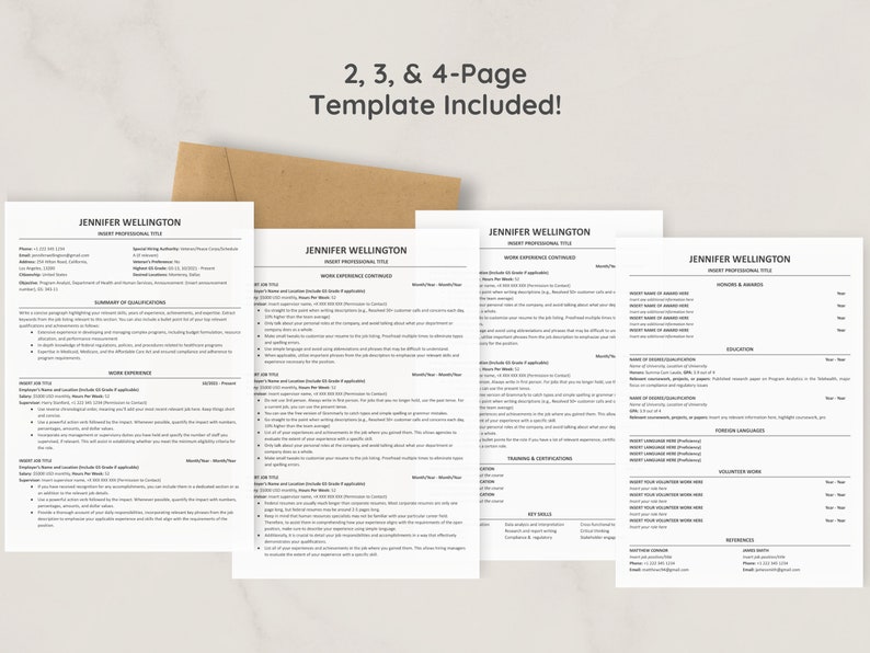 May include: A four-page resume template with the name Jennifer Wellington at the top of each page. The template includes sections for work experience, education, skills, and more.