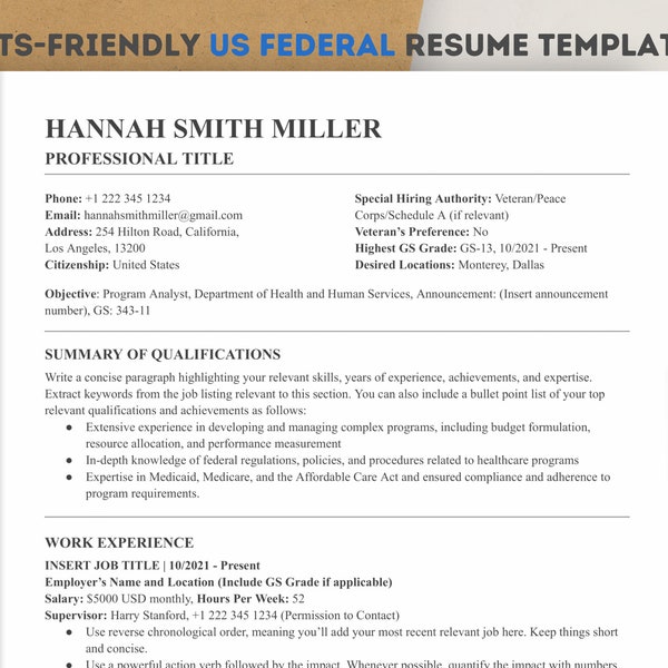 US Federal Resume Template 2023 Word & Google Docs, ATS-Friendly | Government Resume/Federal Resume for USAJOBS application + Cover Letter