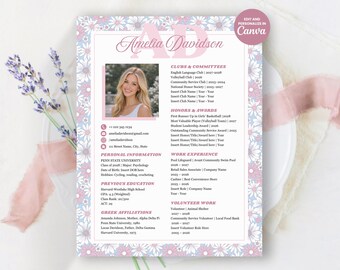 Sorority Resume Template Canva | Editable Pink Social Resume with Photo + Cover Letter | Greek Recruitment/Rush Packet Digital Download