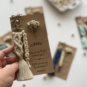 Boho Bridesmaid Gifts, Flower Girl Proposal Gifts, Keychain Macrame With Card and Flowers, Maid Matron of Honor Gifts, Tie The Knot Gifts