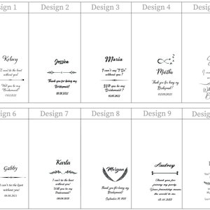K&ouml;nnte beinhalten: Zehn verschiedene Designs f&uuml;r Brautjungfern- oder Trauzeugenanfragen. Jedes Design zeigt eine andere Grafik und einen anderen Text, wie z. B. "Willst du meine Brautjungfer sein?" oder "Danke, dass du meine Brautjungfer bist!" Die Designs sind auf wei&szlig;em Hintergrund gedruckt.