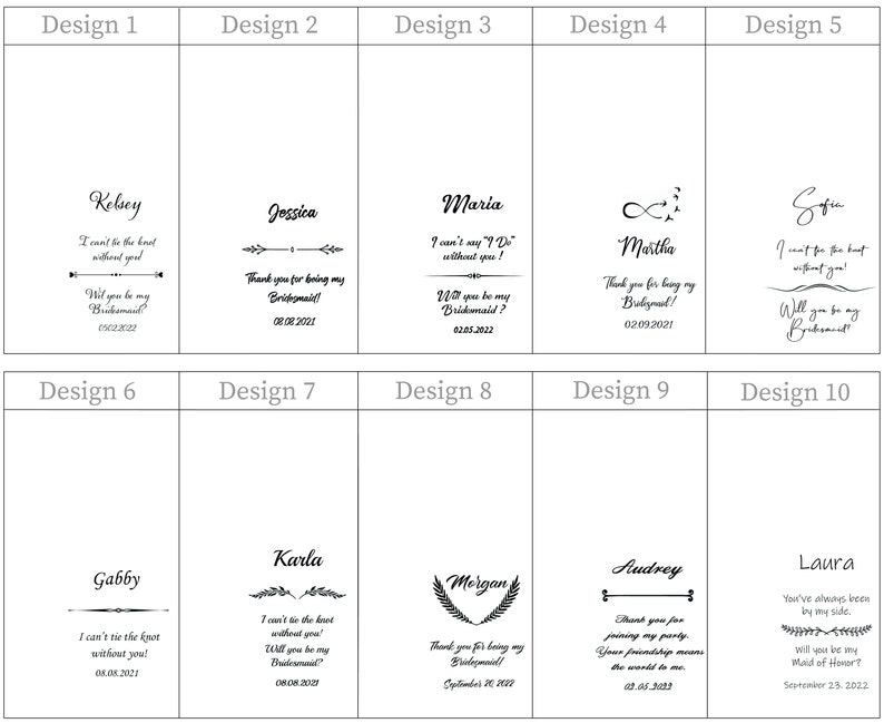 K&ouml;nnte beinhalten: Zehn verschiedene Designs f&uuml;r Brautjungfern- oder Trauzeugenanfragen. Jedes Design zeigt eine andere Grafik und einen anderen Text, wie z. B. "Willst du meine Brautjungfer sein?" oder "Danke, dass du meine Brautjungfer bist!" Die Designs sind auf wei&szlig;em Hintergrund gedruckt.
