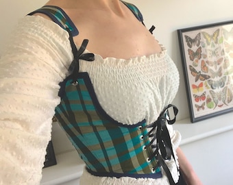 Ready made - Small - Silk green tartan bodice with boning