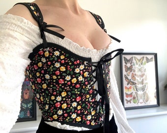 Ready made - Small - Black floral bodice with boning