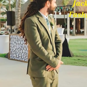 Men&#39;s Olive Green Linen Suit: Slim Fit Wedding Groom Suit