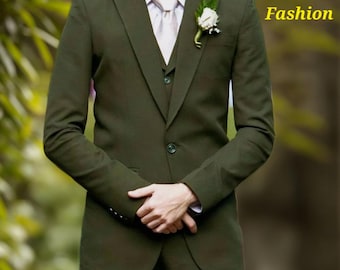 Elegant olive Green 3 Piece suits Peach lapel Wedding Suit Luxury Bespoke Suit Evening Party wear Suit New arrival suit casual fit suit
