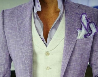 men’s wedding linen Light Purple & White 3 Piece Suit Men Wedding Grooms bespoke New arrive Suit For Gift father casual fit suits